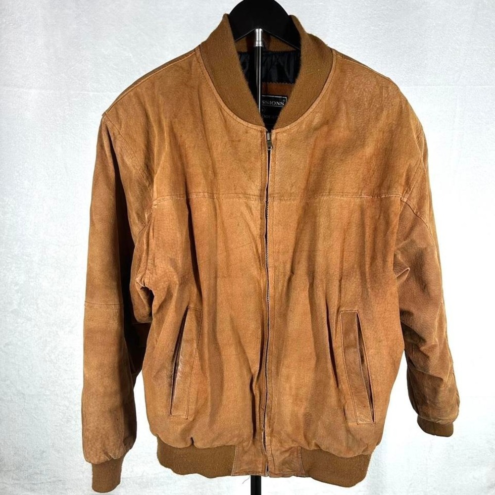 Vintage Style Suede Leather Bomber Jacket Classic Cognac Ribbed Knit Hem